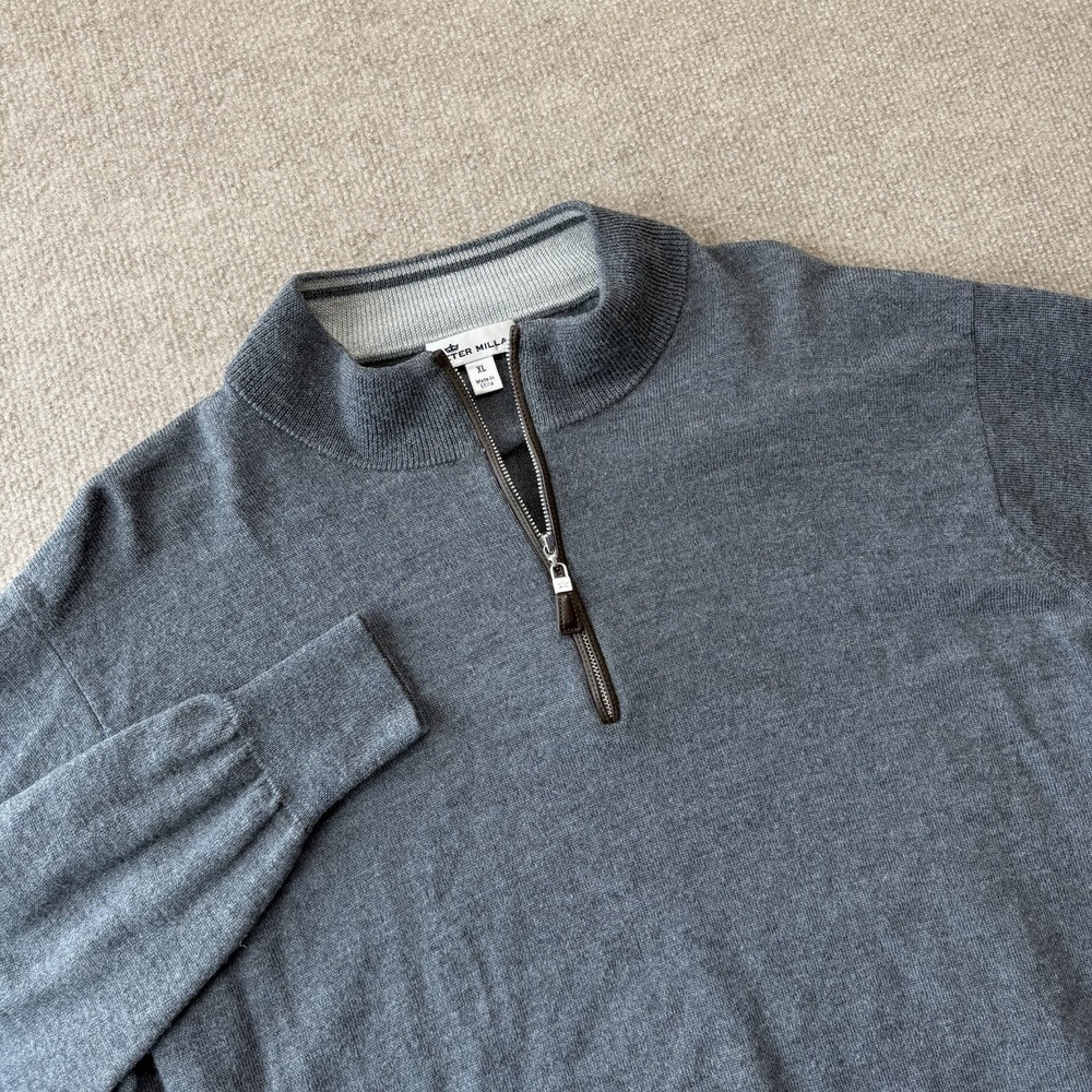 Peter Millar Men’s Quarter-Zip Sweater in Slate Gray with Leather Zip Pull